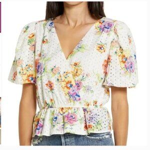 WAYF Bianca Puff Sleeve Floral V-neck Top Shirt ASO Black-ish size XS